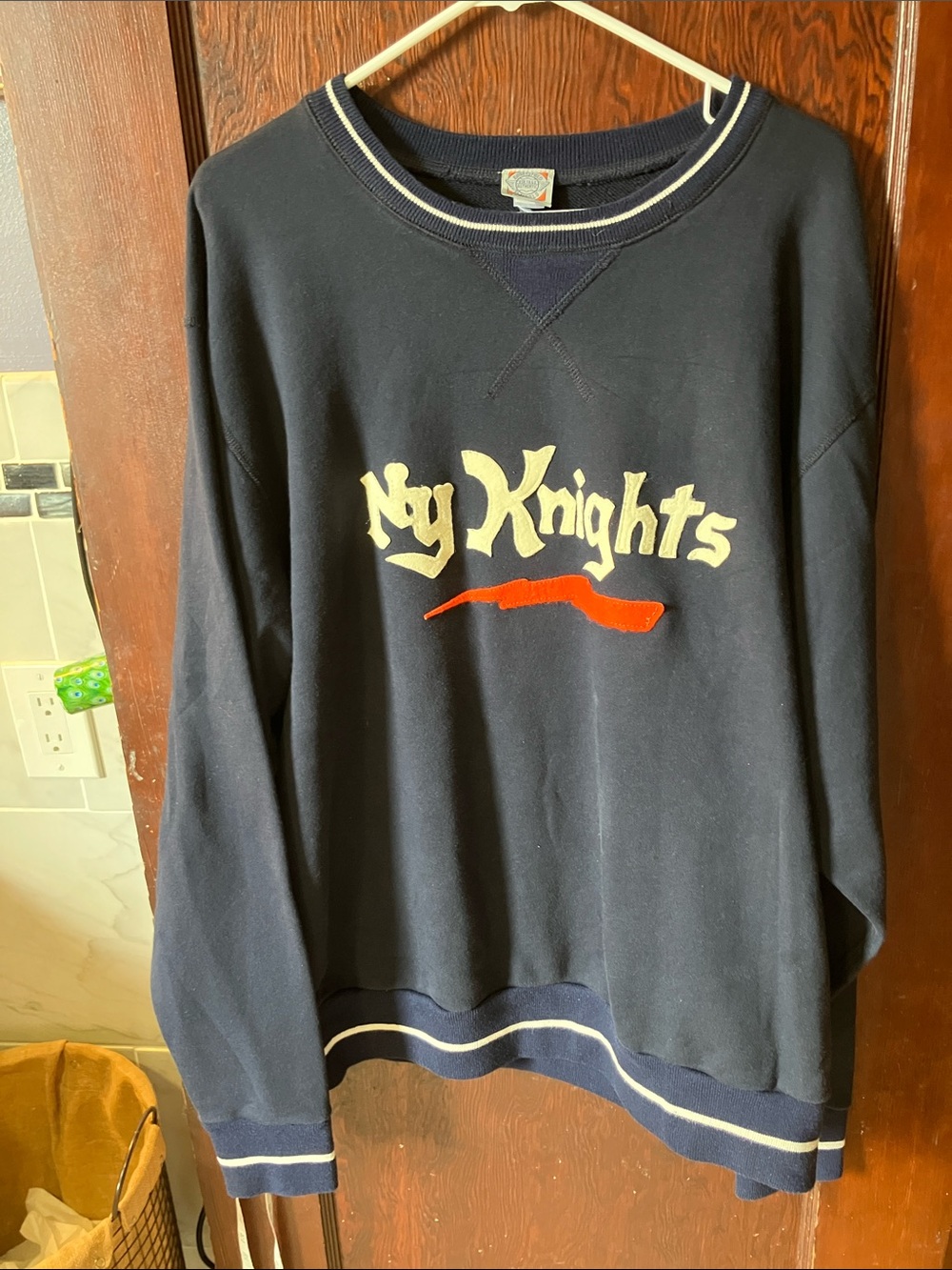Ebbets Field Flannels Navy Crewneck with Cream Graphic and Red Accent